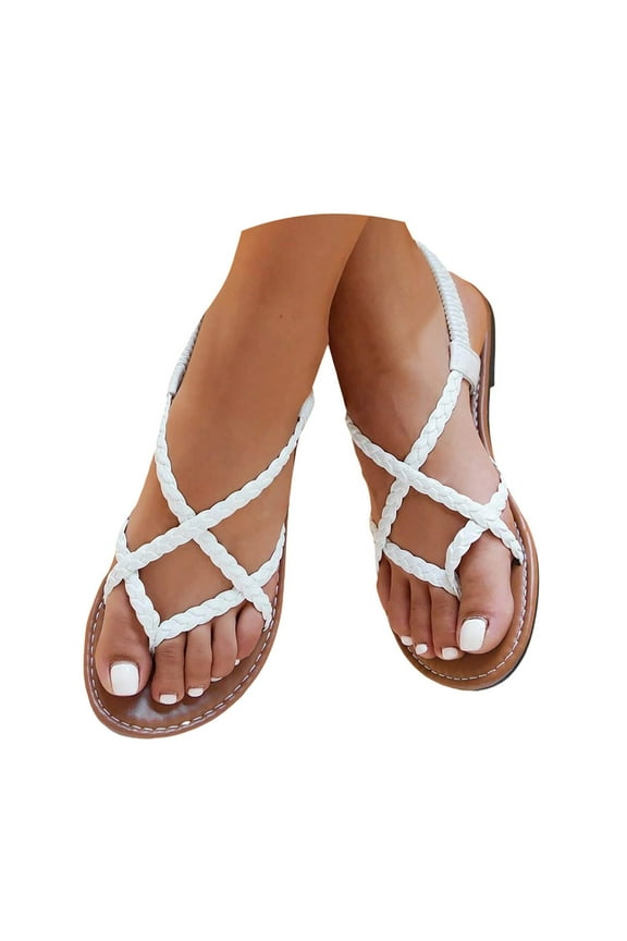 Mepaouo Women's Braided Flat Sandals Elastic Ankle Strap Walking Flip Flops Slingback Casual Shoes