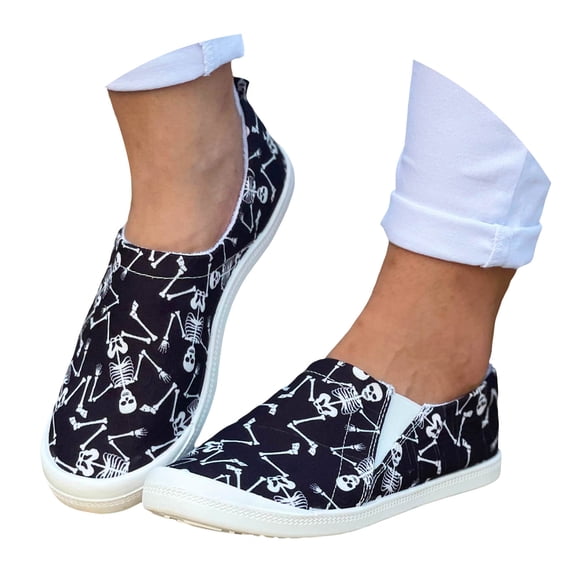 Mepaouo Women's Canvas Shoes Halloween Casual Slip on Loafers Skull Pumpkin Flat Walking Low Top Sneakers