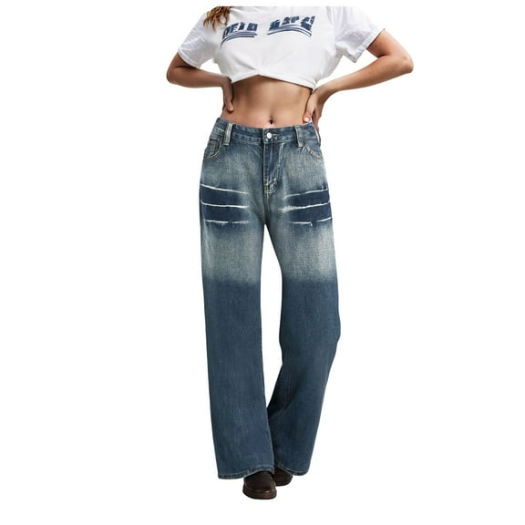 Mepaouo Women's Casual High Waist Cargo Jeans Stretch Wide Leg Denim Pants with Pockets(Blue,M)