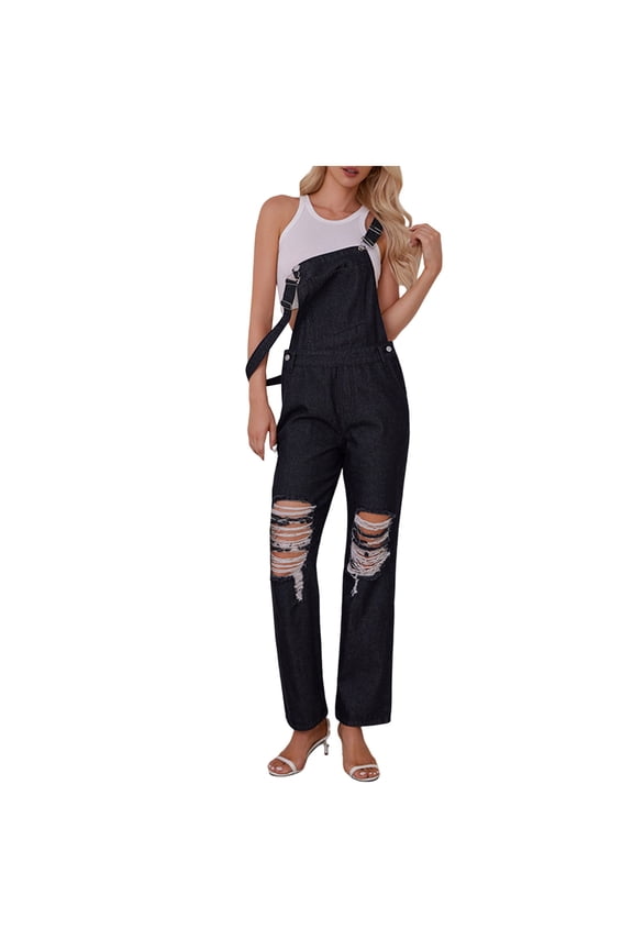 Women's Casual Ripped Denim Jumpsuit Adjustable Straps Stretch Bib Overalls Jeans Pants(Black,M)