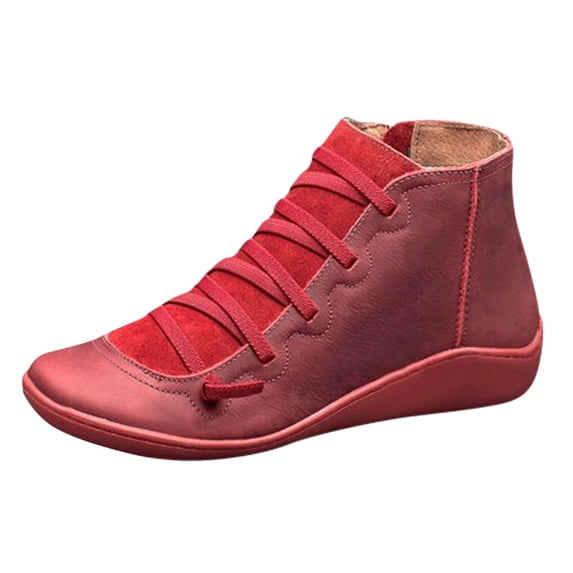 Mepaouo Women's Casual Walking Boots Flat No Heel Leather Fall Ankle Short Booties for Women(Red,7.5)
