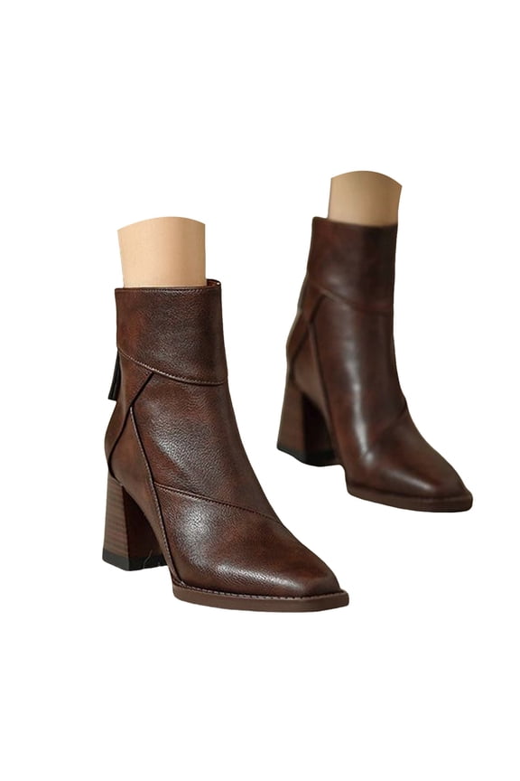 Women's Chelsea Ankle Boots Block Heel Pointed Toe Heeled Short Booties(Brown,6.5)