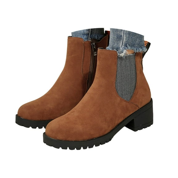 Mepaouo Women's Chelsea Ankle Boots Lug Sole Mid Heel Slip on Elastic Ankle Booties Leather Dress Shoes