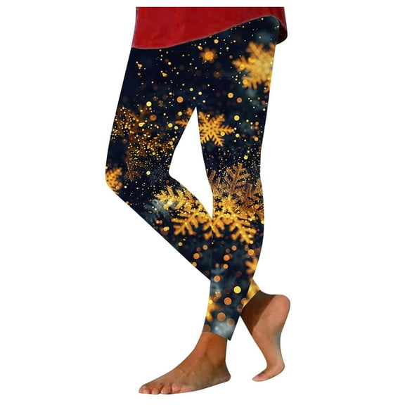 Mepaouo Women's Christmas Crossover Leggings High Waisted Santa Snowman Yoga Print Tights(Gold,L)