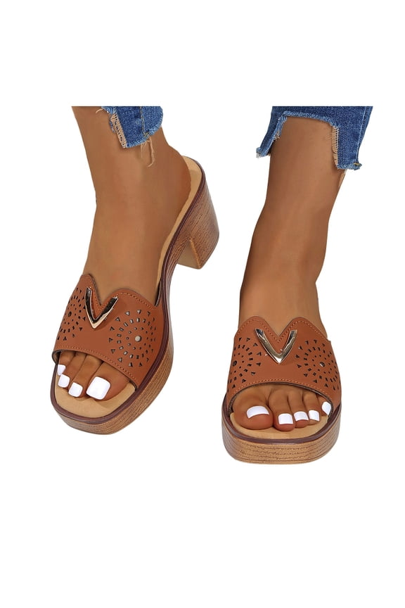 Women's Chunky Heeled Sandals Square Open Toe Platform Wedge Shoes Cutout Dress Slide Pumps