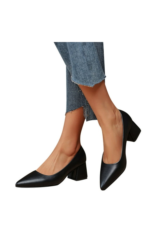 Women's Closed Toe Heels Pumps Leather Pointy Toe Dress Shoes Block Low Heel Kitten Heels