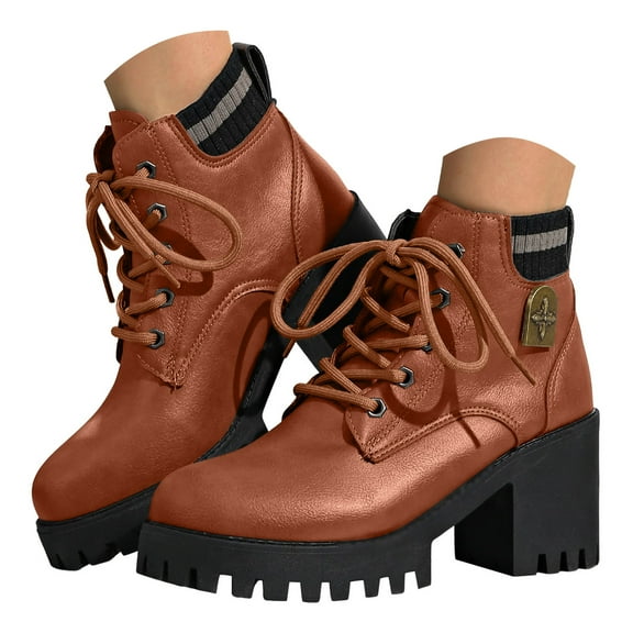 Mepaouo Women's Combat Ankle Boots Lace up High Chunky Heel Military Short Booties Ladies Dress Riding Boots