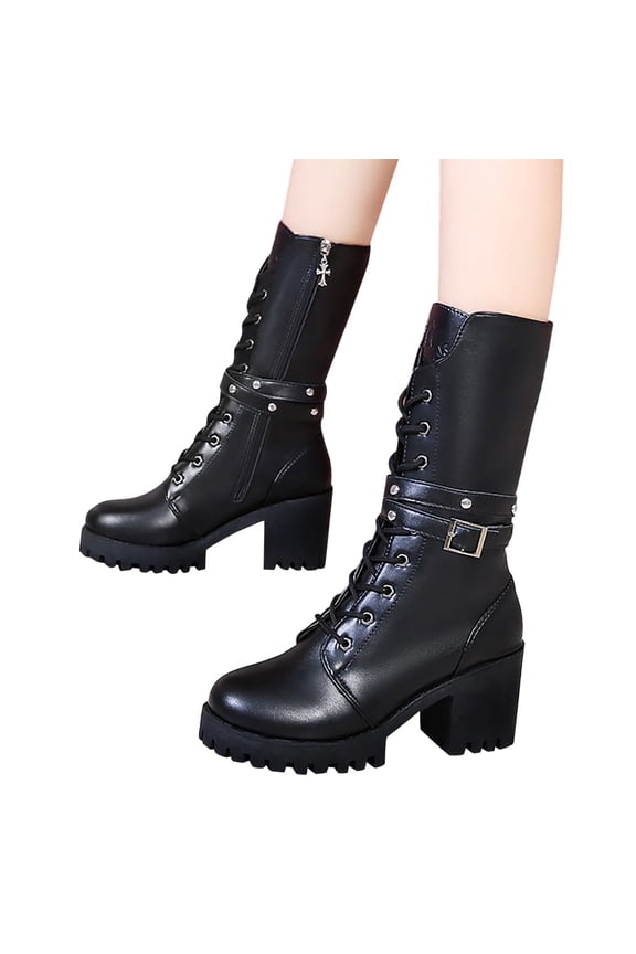 Women's Combat Boots Lace up Low Heel Motorcycle Mid Calf Boots Military Ankle Booties(Black,7.5)