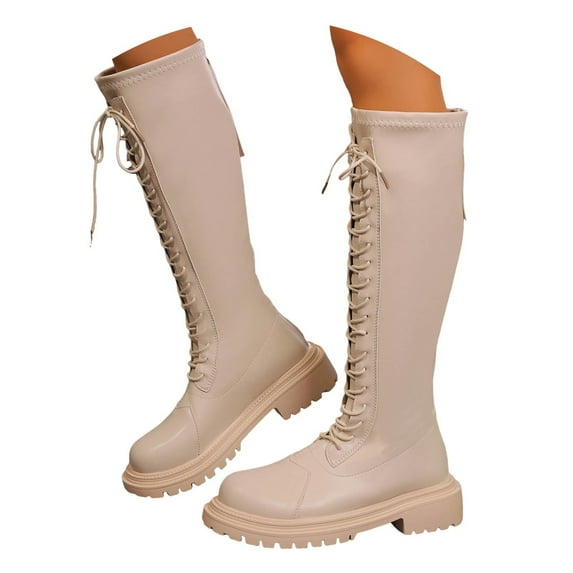 Mepaouo Women's Combat Knee High Boots Riding Platform Lace up Lug Sole Motorcycle Long Boots(Beige,7.5)
