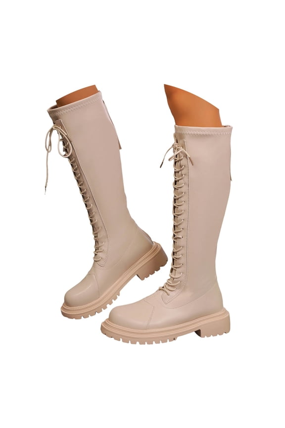 Women's Combat Knee High Boots Riding Platform Lace up Lug Sole Motorcycle Long Boots(Beige,8)