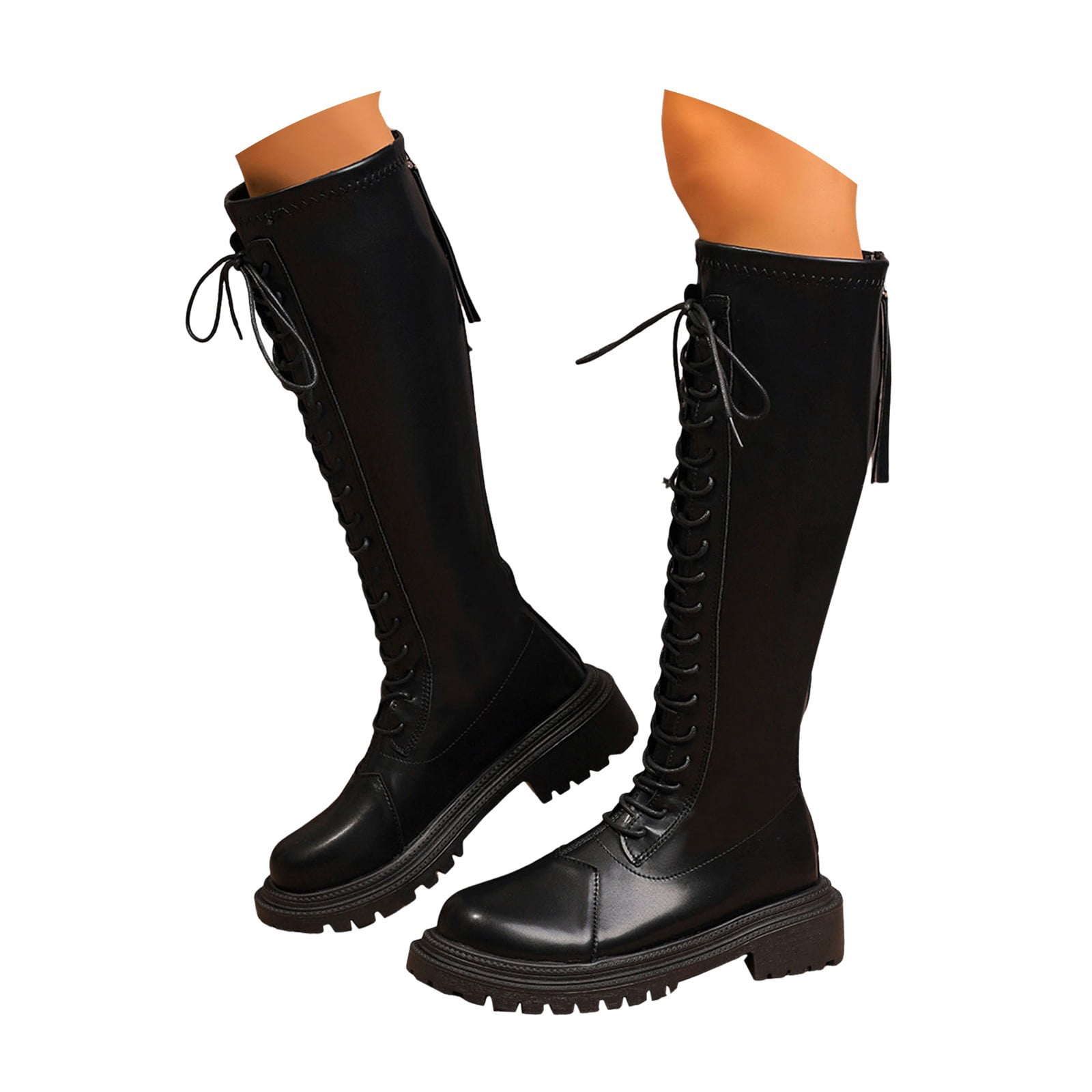 EETTARO Women's Knee High Boots - Lace Up Motorcycle Style, Chunky Heel, Side Zipper - View #4