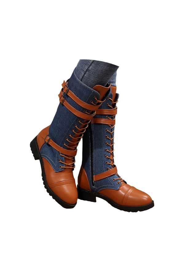 Women's Combat Knee High Boots Vintage Lace up Riding Boot Round Toe Motorcycle Biker Boots