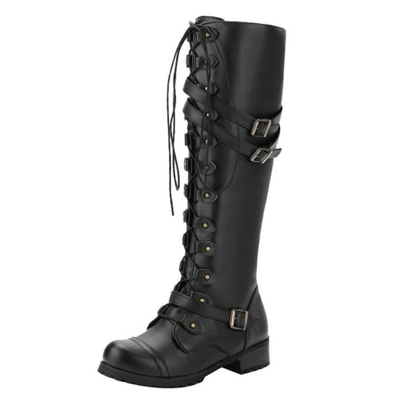 Mepaouo Women's Combat Riding Knee High Boots Lace up Buckles Stacked Heel Gothic Motorcycle Boot