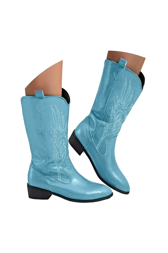 Women's Cowboy Boots Embroidered Mid Calf Booties Cowgirl Western Metallic Pull on Walking Boot