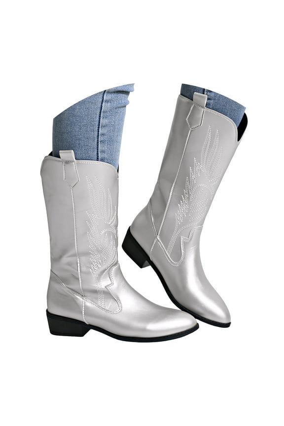 Women's Cowboy Boots Embroidered Mid Calf Booties Cowgirl Western Metallic Pull on Walking Boot
