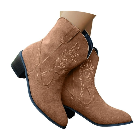 Mepaouo Women's Cowboy Cowgirl Boots Embroidered Western Short Ankle Booties Low Chunky Heel Dress Country Shoes