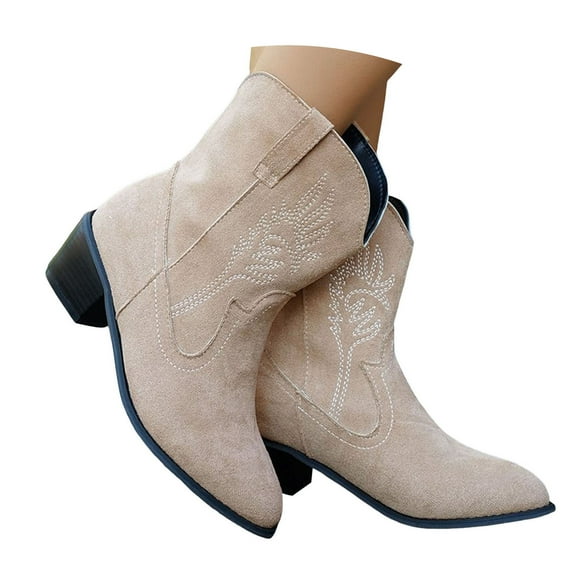 Mepaouo Women's Cowboy Cowgirl Boots Embroidered Western Short Ankle Booties Low Chunky Heel Dress Country Shoes