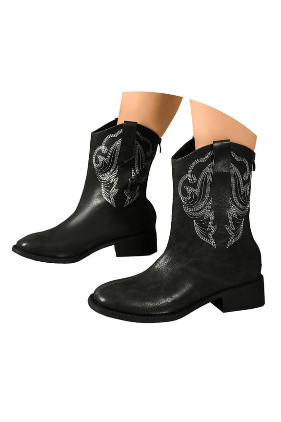 Women's Cowboy Cowgirl Western Boots Embroidered Square Toe Chunky Heel Wide Calf Ankle Booties