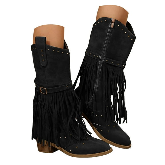 Mepaouo Women's Cowboy Knee High Boots Fringe Cowgirl Boot Suede Tassel Embroidery Western Boots