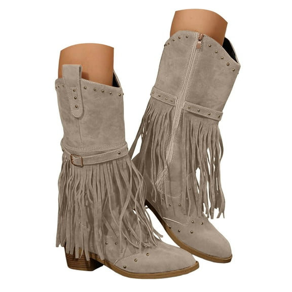 Mepaouo Women's Cowboy Knee High Boots Fringe Cowgirl Boot Suede Tassel Embroidery Western Boots
