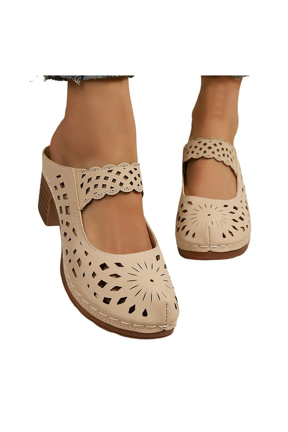 Mepaouo Women's Cutout Mule Clogs Open Back Chunky Heel Dress Shoes Arch Support Walking Pumps Beige 6.5