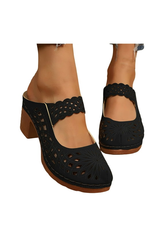 Mepaouo Women's Cutout Mule Clogs Open Back Chunky Heel Dress Shoes Arch Support Walking Pumps Black 9