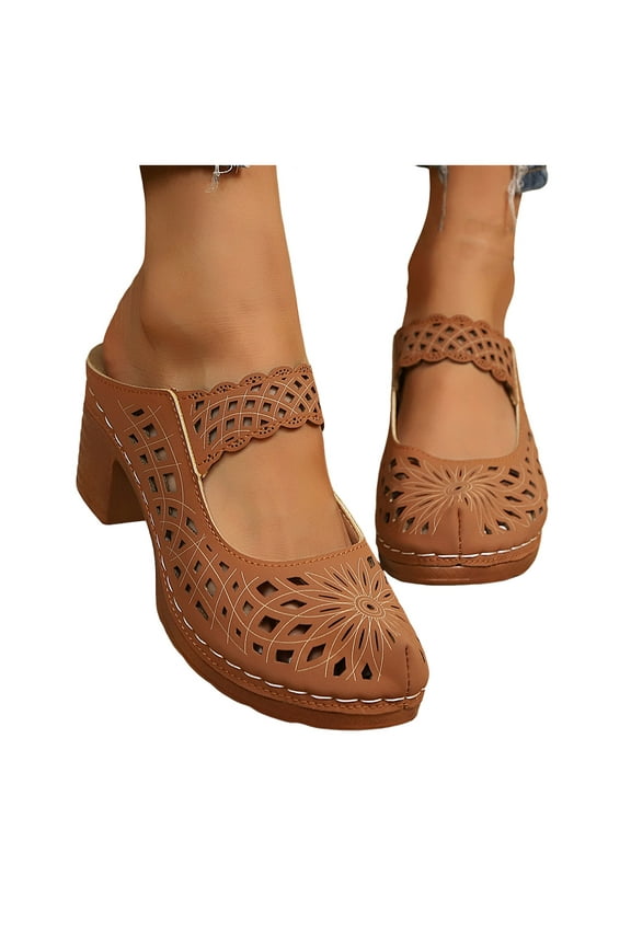 Mepaouo Women's Cutout Mule Clogs Open Back Chunky Heel Dress Shoes Arch Support Walking Pumps Brown 8