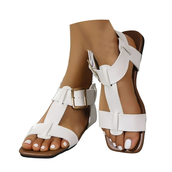 Mepaouo Women's Dressy Flat Sandals Comfortable Sexy Square Toe Strappy Shoes Slip on Walking Sandal