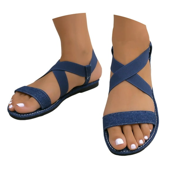 Mepaouo Women's Elastic Flat Sandals Open Toe Denim Summer Beach Shoes Comfortable Slip on Sandals