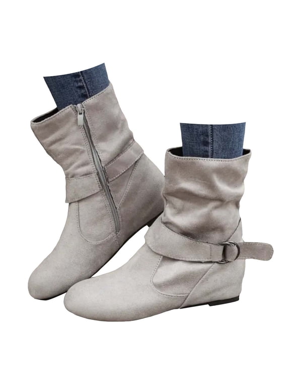 Women's Flat Heel Slouch Booties Lightweight Wide Mid Calf Slip on Casual Ankle Boots(Grey,9.5)