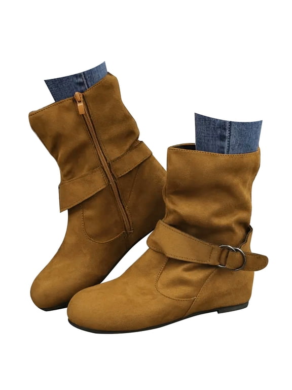 Women's Flat Heel Slouch Booties Lightweight Wide Mid Calf Slip on Casual Ankle Boots(Yellow,6)