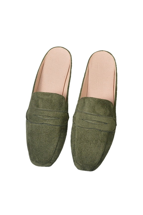 Women's Flat Mules Suede Square Toe Backless Slip on Slides Penny Loafer Shoes for Outdoor