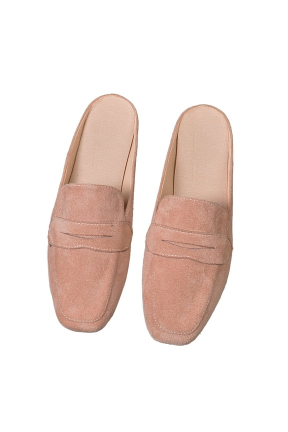 Women's Flat Mules Suede Square Toe Backless Slip on Slides Penny Loafer Shoes for Outdoor