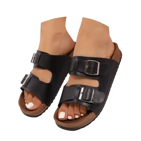Mepaouo Women's Flat Sandals Open Toe Cork Footbed Slides Arch Support Slip on Summer Walking Shoes