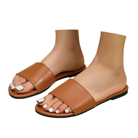 Mepaouo Women's Flat Sandals Open Toe Slip on Leather Slide Comfortable Fashion Beach Slippers Shoes
