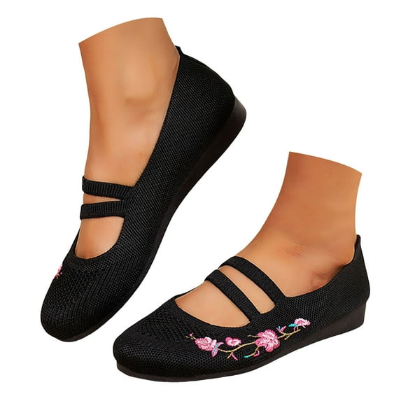 Mepaouo Women's Flat Shoes Round Toe Embroidery Dressy Mary Jane Stretch Strap Low Wedge Work Flats