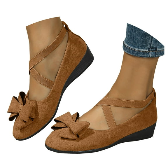 Mepaouo Women's Flat Shoes with Ankle Strap Low Wedge Heel Bow Work Business Dress Slip on Loafers