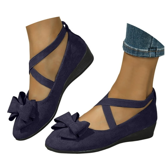 Mepaouo Women's Flat Shoes with Ankle Strap Low Wedge Heel Bow Work Business Dress Slip on Loafers