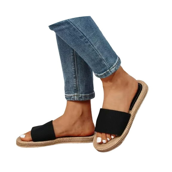 Mepaouo Women's Flat Slide Sandals Linen Sole Summer Beach Shoes Cushioned Footbed Slip on Slippers