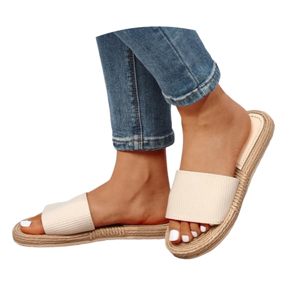 Mepaouo Women's Flat Slide Sandals Linen Sole Summer Beach Shoes Cushioned Footbed Slip on Slippers