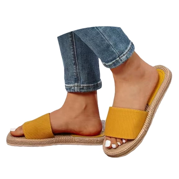 Mepaouo Women's Flat Slide Sandals Linen Sole Summer Beach Shoes Cushioned Footbed Slip on Slippers