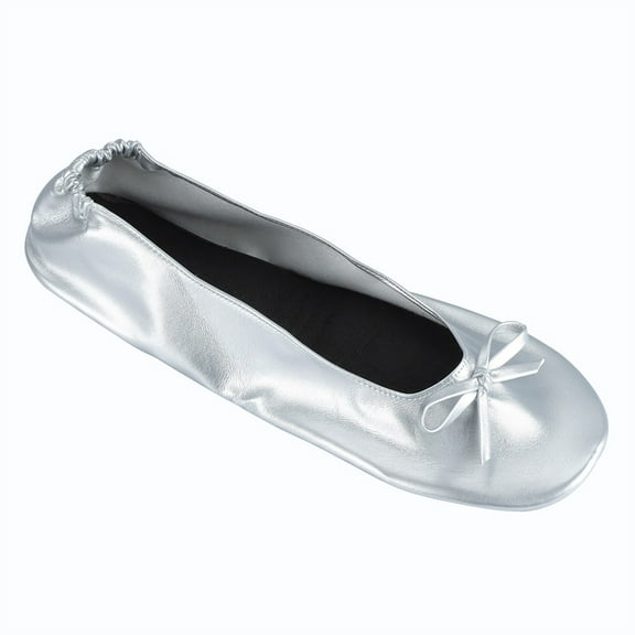 Mepaouo Women's Flats Foldable Portable Roll up Ballet Flat Bowknot Slip on Dress Shoes(Silver,7.5)
