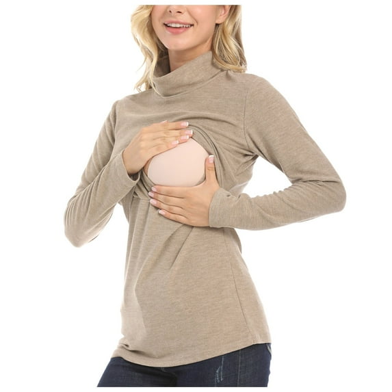 Mepaouo Women's Fleece Nursing Tops Shirts Long Sleeve Pregnant Breastfeeding Clothes T-shirt(Khaki,M)