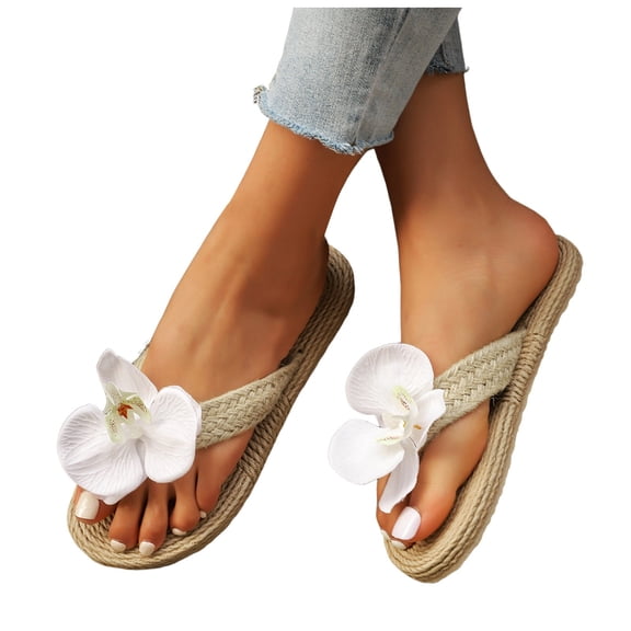 Mepaouo Women's Floral Flip Flops Open Toe Linen Slip on Slide Thong Sandal Summer Vacation Slippers
