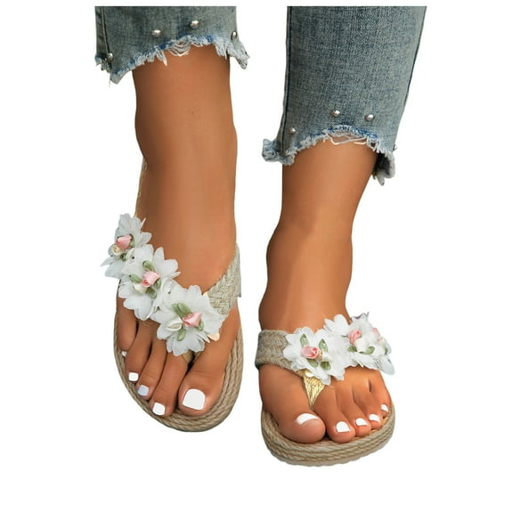 Mepaouo Women's Floral Flip Flops Open Toe Linen Slip on Slide Thong Sandal Summer Vacation Slippers