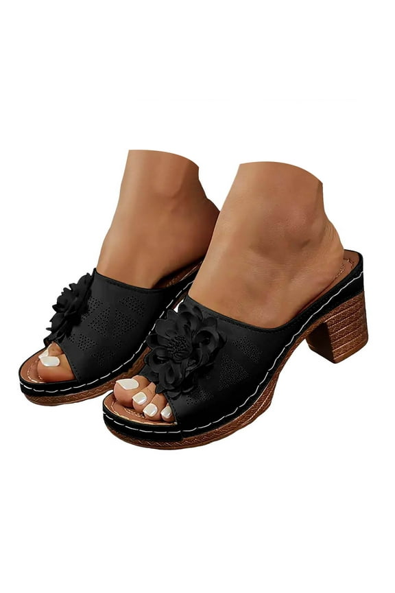Women's Flower Heeled Sandals Chunky Heel Platform Slides Summer Dressy Slip on Mules Shoes Black 8.5