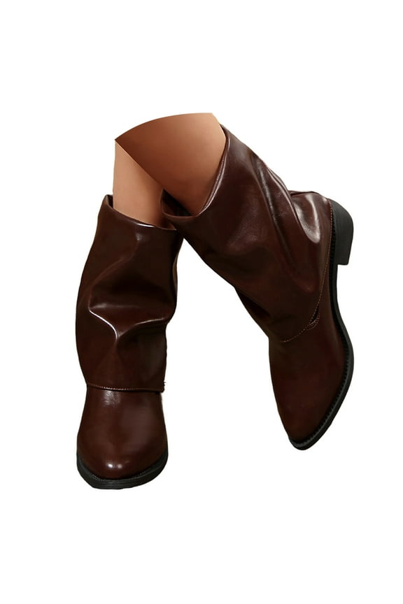 Women's Fold over Slouchy Boots Western Cowboy Mid Calf Booties Cowgirl Pull on Dress Shoes