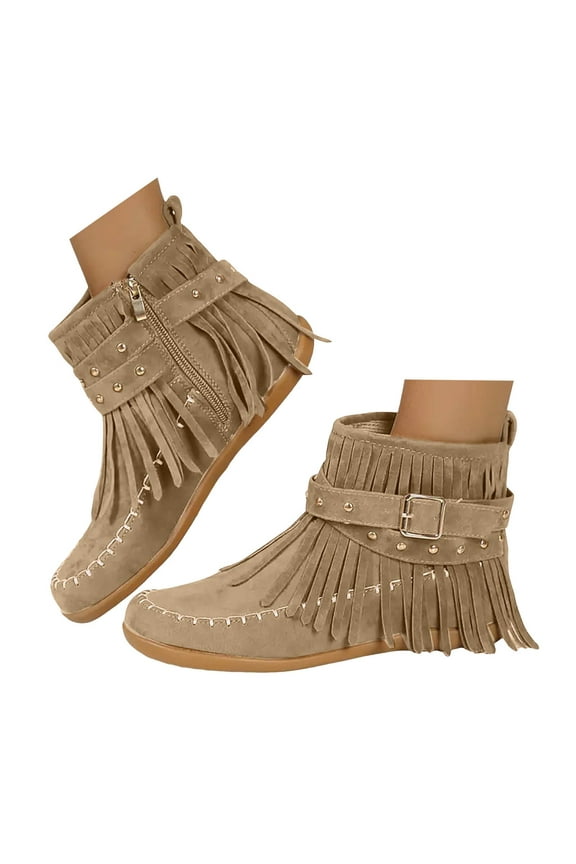 Women's Fringe Ankle Boots Winter Warm Flats Combat Booties Tassel Walking Riding Short Boots