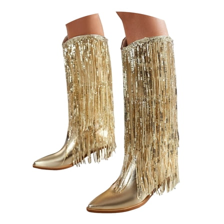 Mepaouo Women's Fringe Cowgirl Boots Sparkly Metallic Western Cowboy Knee High Pull on Boot for Ladies