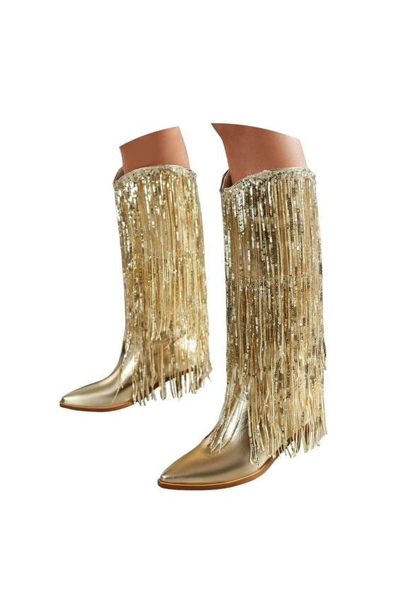 Women's Fringe Cowgirl Boots Sparkly Metallic Western Cowboy Knee High Pull on Boot for Ladies